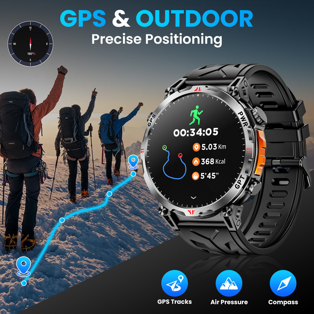Haulvean Flagship Premium Military Smart Watch, 1.56" AMOLED Smartwatch with GPS/ChatGPT AI Assistant/3ATM Waterproof/100+ Sports Modes, Fitness Tracker fits for Android iPhone Devices, 2 Bands