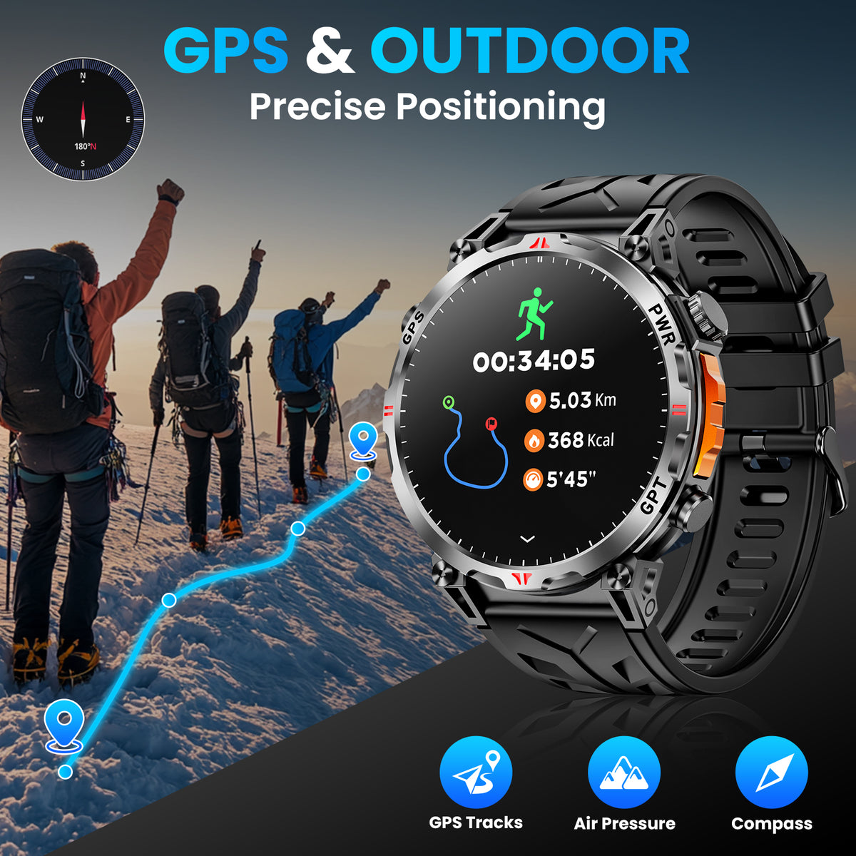 Haulvean Flagship Premium Military Smart Watch, 1.56" AMOLED Smartwatch with GPS/ChatGPT AI Assistant/3ATM Waterproof/100+ Sports Modes, Fitness Tracker fits for Android iPhone Devices, 2 Bands