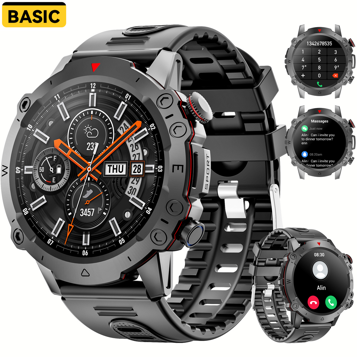 Haulvean Militay Smart Watch, 1.46" HD Smart Watch for Men Zinc Alloy Case, with IP68 Waterproof/100 Sports Modes/Bluetooth Calls, Fitness Tracker for fits for Android iPhone Devices (Black)