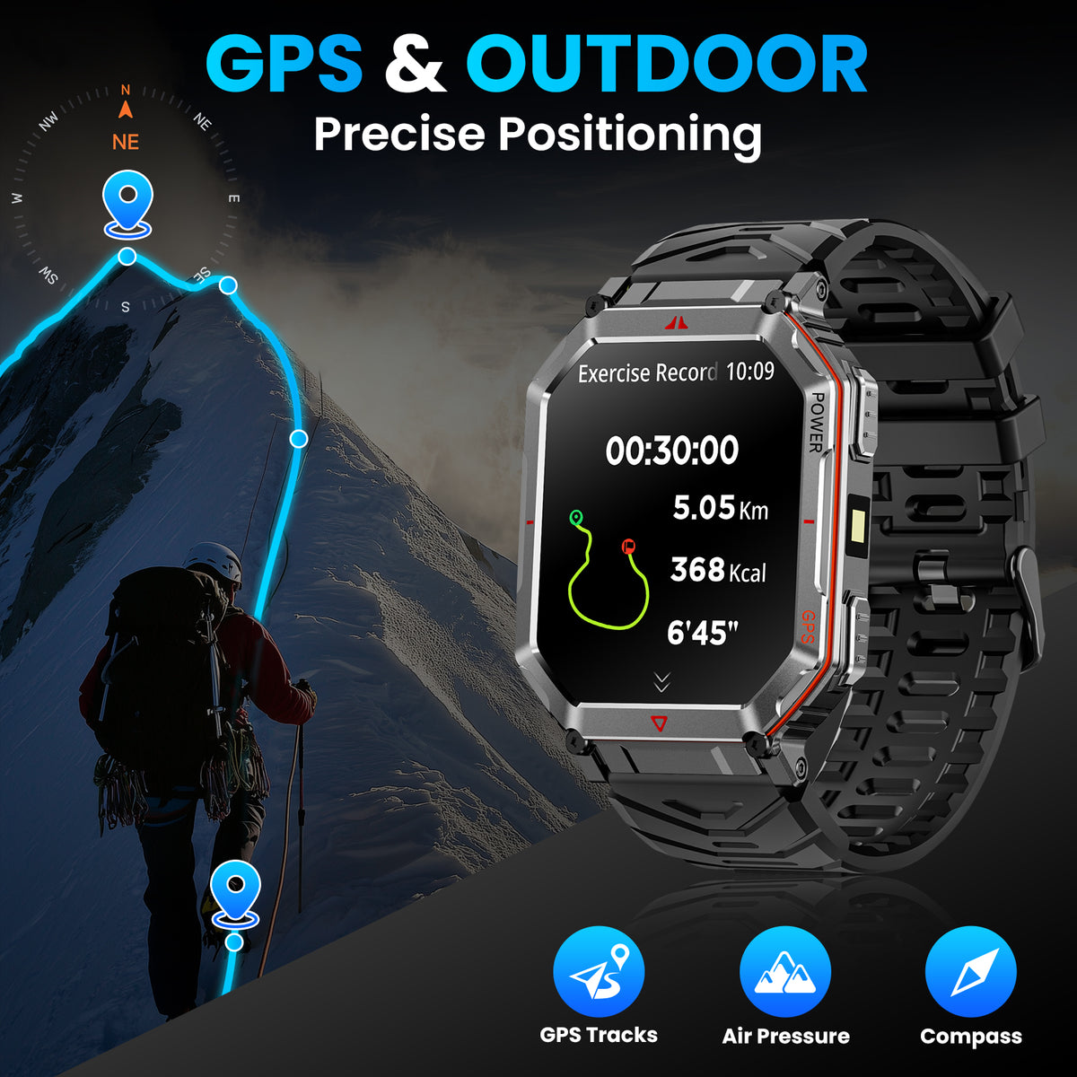 Haulvean Flagship Premium Military Smart Watch, 2.01" HD Smart Watch with GPS, AI ChatGPT, 3ATM Waterproof Smartwatch, 100+ Sports Modes, Fitness Tracker fits for Android iPhone Devices, 2 Bands Gifts for Dad