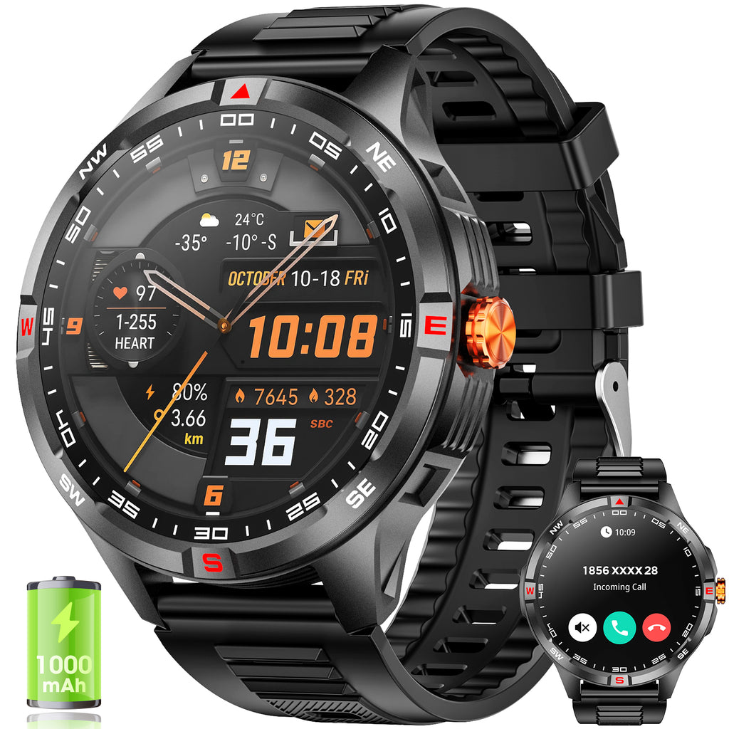 Military Smart Watch, 1.46-inch 1000mA Fitness Tracker Smartwatch for Men, fits for Android and Iphone Devices, with IP68 Waterproof/Answer/Make Calls/100+ Sport Modes (Black)
