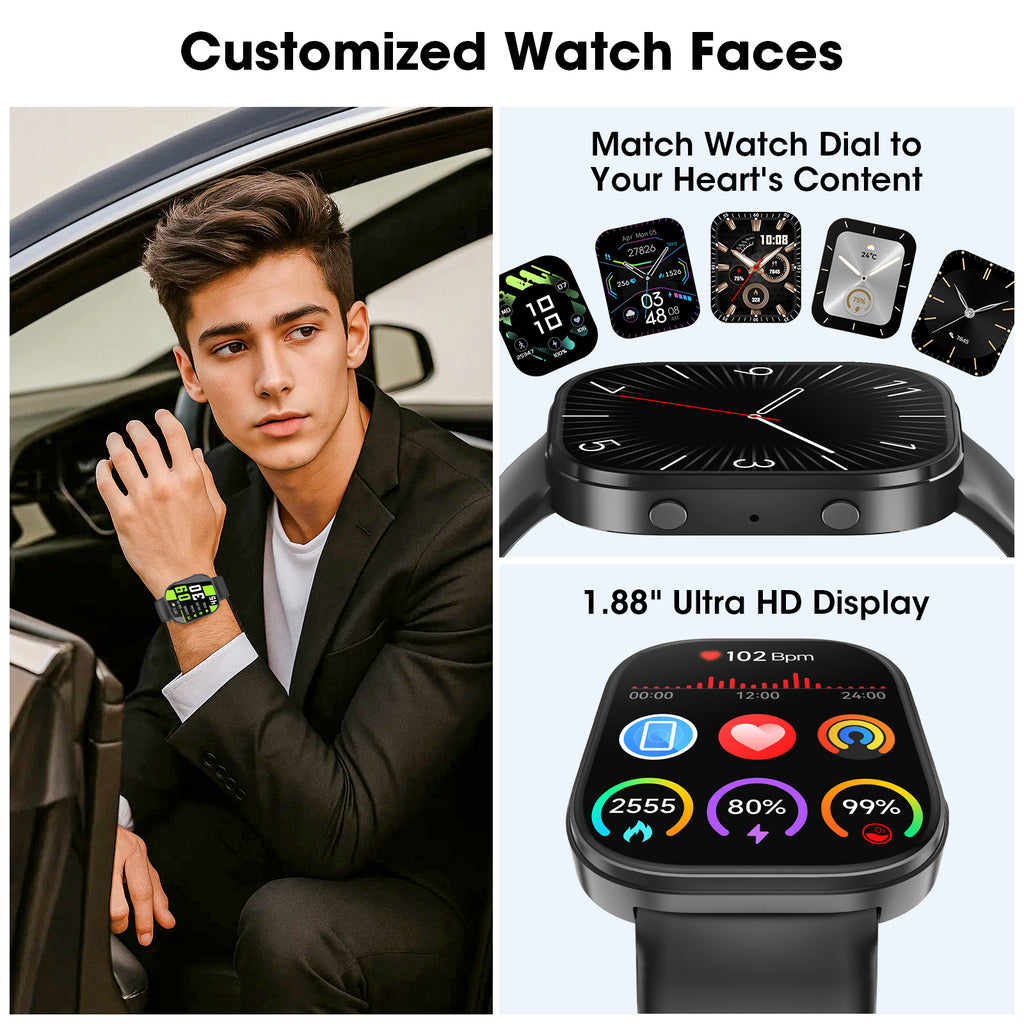 Minsxk 1.88''HD Smart Watch Fits for Android and Iphone,Smartwatch for Women Men, IP68 Waterproof, Bluetooth Answer Calls, Fitness Tracker with 120+ Sport Modes,for Gift (Black)