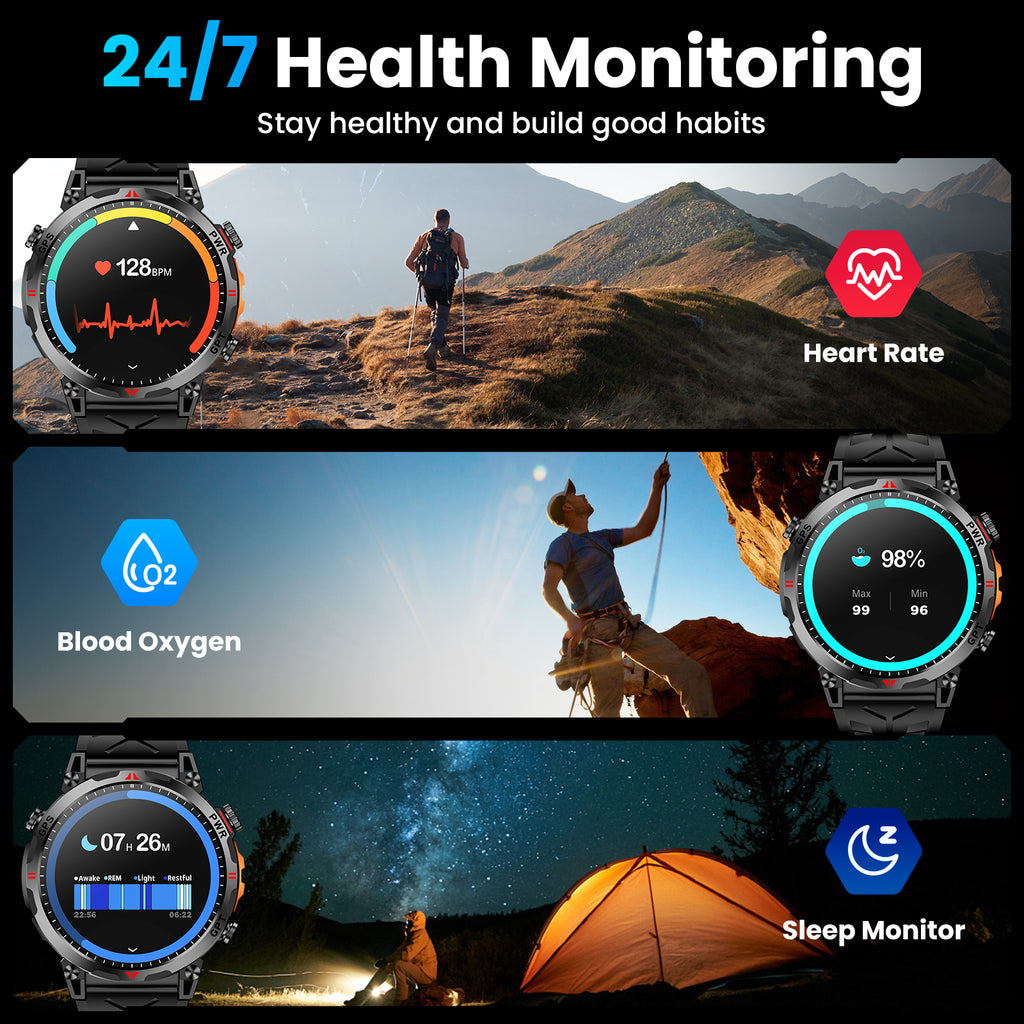 Haulvean Flagship Premium Military Smart Watch, 1.56" AMOLED Smartwatch with GPS/ChatGPT AI Assistant/3ATM Waterproof/100+ Sports Modes, Fitness Tracker fits for Android iPhone Devices, 2 Bands