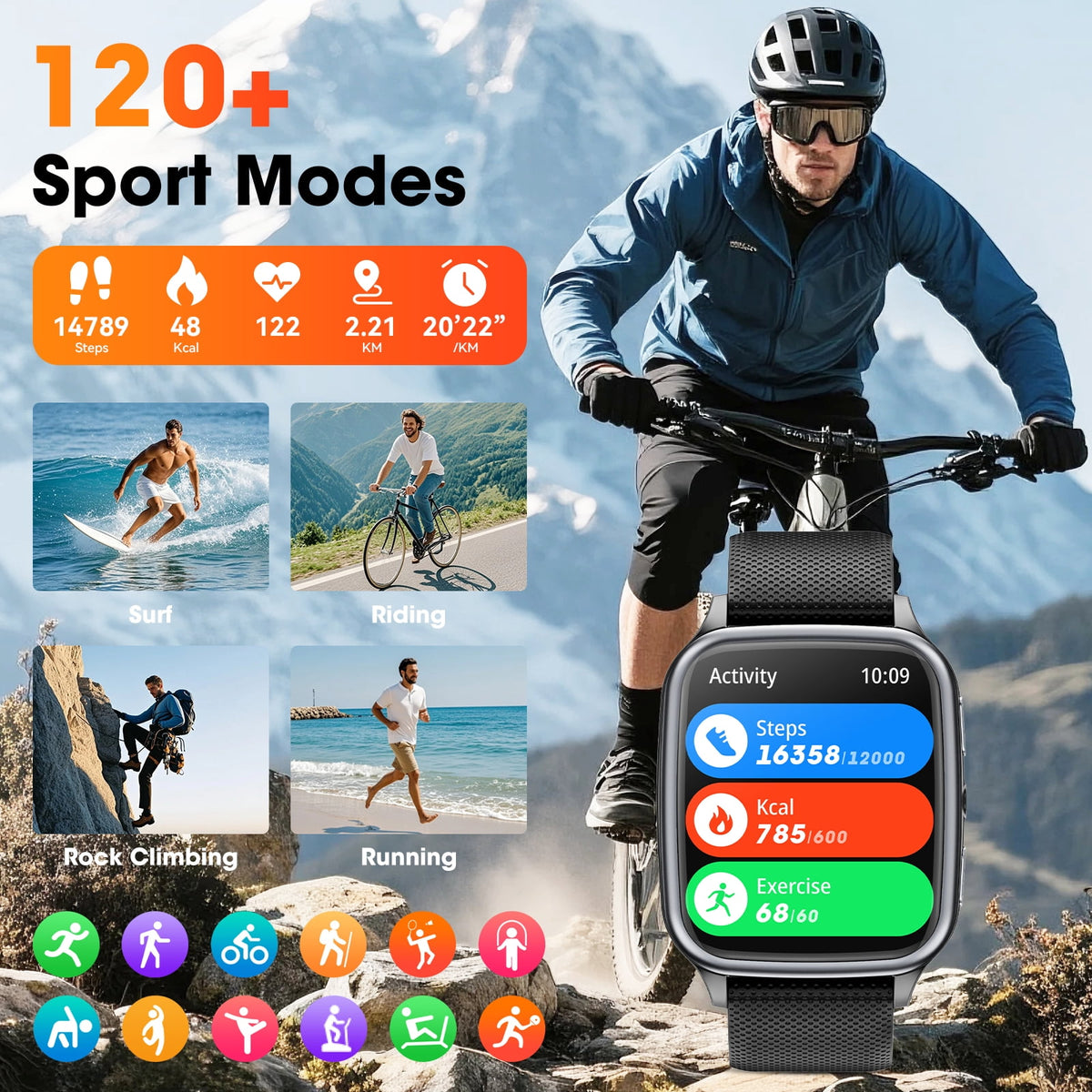 Smart Watch for Women Men, 1.93-inch TFT HD Screen Fitness Tracker, Fits for Android & iPhone, Make & Receive Calls, 120 Sports Modes, IP68 Waterproof Pedometer Smartwatch Gift (Black)