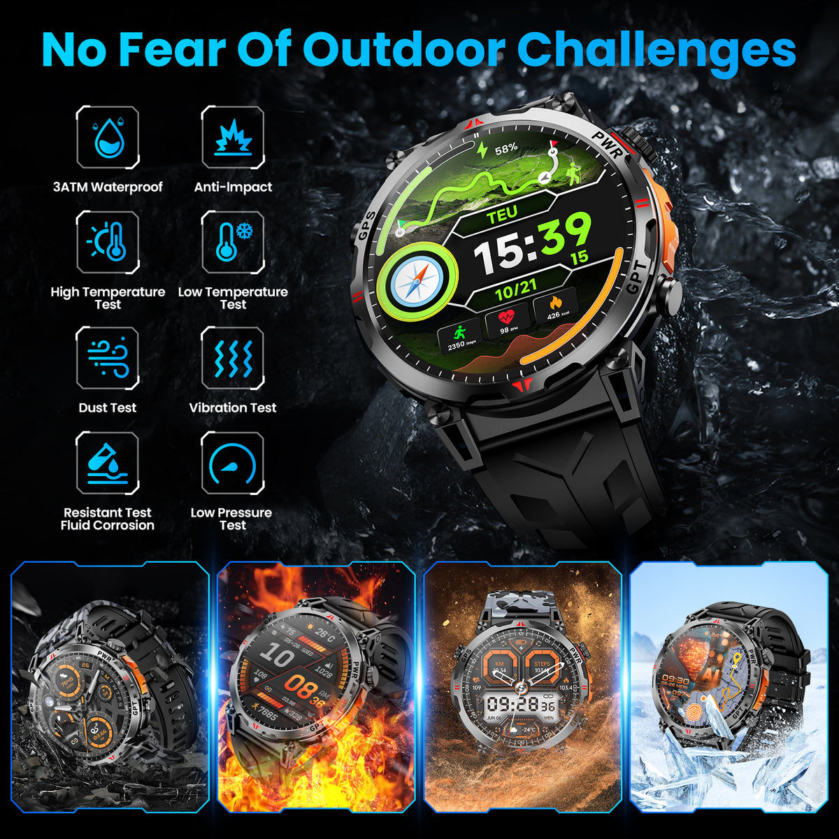Haulvean Flagship Premium Military Smart Watch, 1.56" AMOLED Smartwatch with GPS/ChatGPT AI Assistant/3ATM Waterproof/100+ Sports Modes, Fitness Tracker fits for Android iPhone Devices, 2 Bands