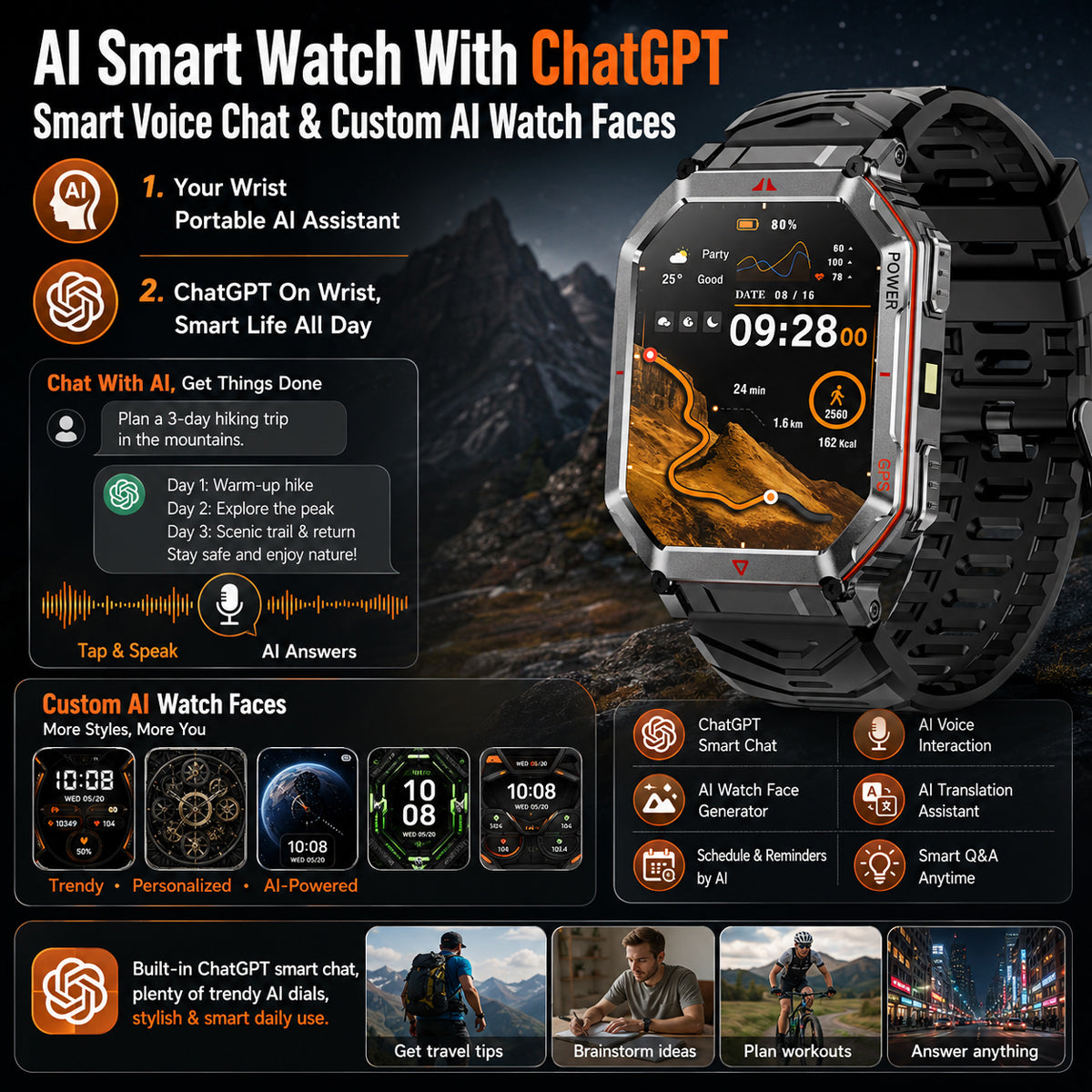 Haulvean Flagship Premium Military Smart Watch, 2.01" HD Smart Watch with GPS, AI ChatGPT, 3ATM Waterproof Smartwatch, 100+ Sports Modes, Fitness Tracker fits for Android iPhone Devices, 2 Bands Gifts for Dad