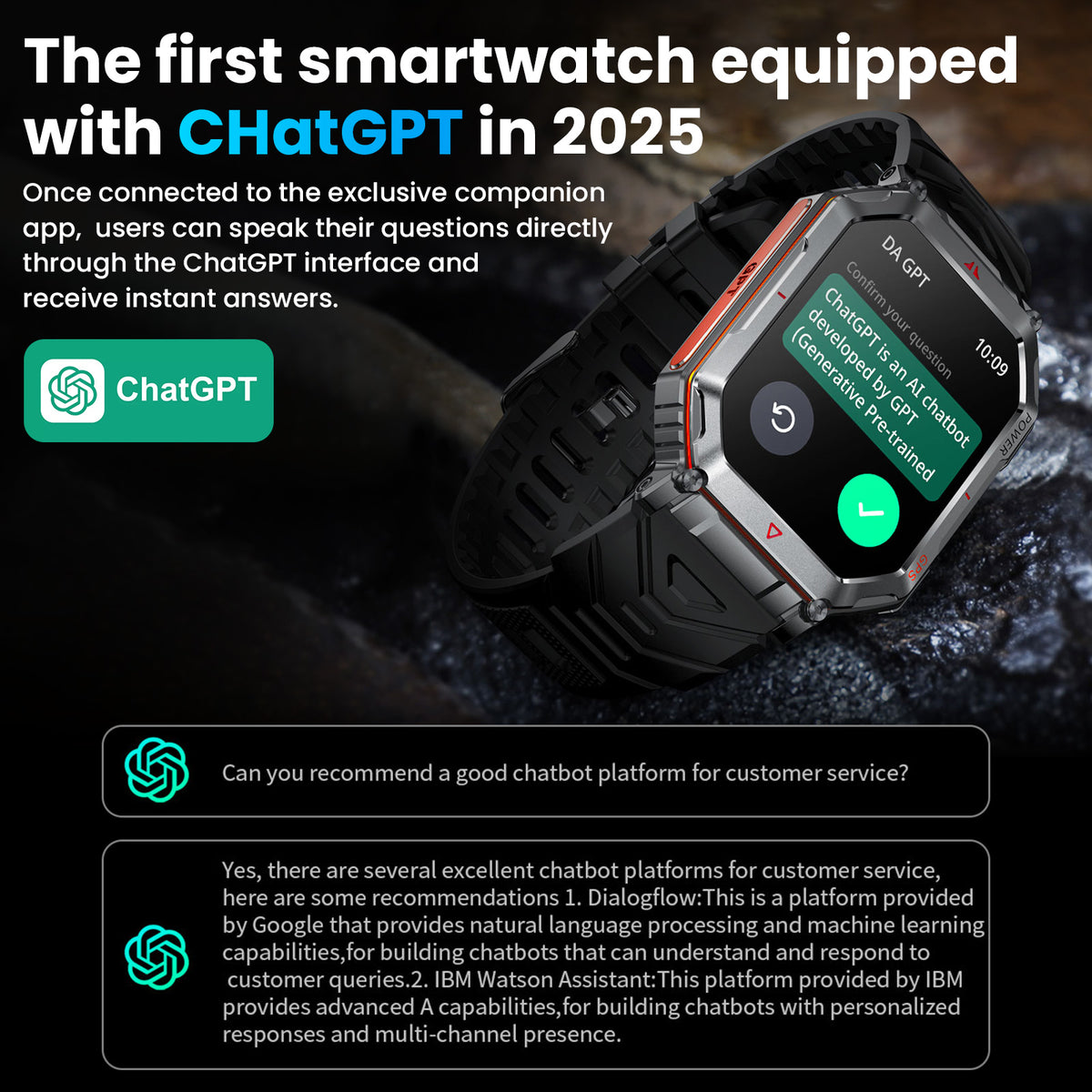 Haulvean Flagship Premium Military Smart Watch, 2.01" HD Smart Watch with GPS, AI ChatGPT, 3ATM Waterproof Smartwatch, 100+ Sports Modes, Fitness Tracker fits for Android iPhone Devices, 2 Bands Gifts for Dad