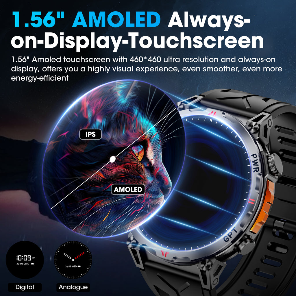 Haulvean Flagship Premium Military Smart Watch, 1.56" AMOLED Smartwatch with GPS/ChatGPT AI Assistant/3ATM Waterproof/100+ Sports Modes, Fitness Tracker fits for Android iPhone Devices, 2 Bands