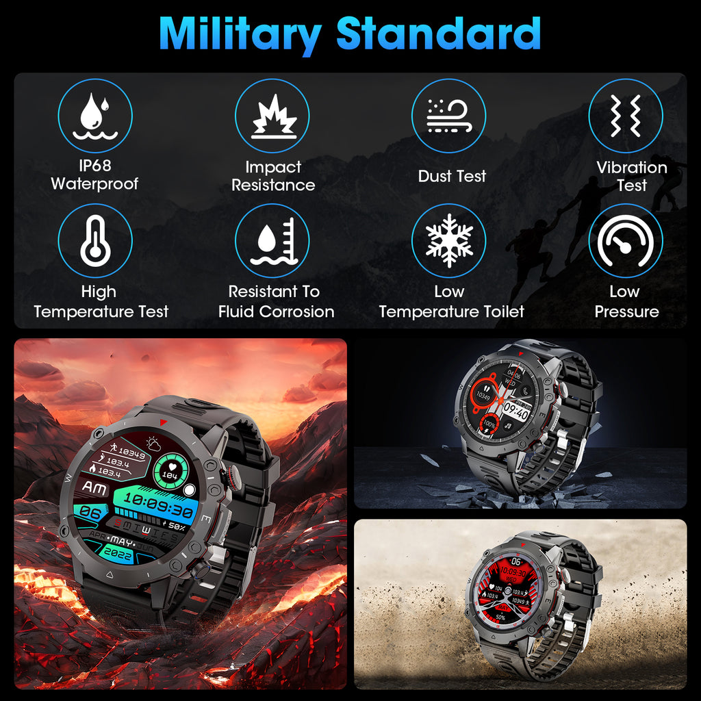 Haulvean Militay Smart Watch, 1.46" HD Smart Watch for Men Zinc Alloy Case, with IP68 Waterproof/100 Sports Modes/Bluetooth Calls, Fitness Tracker for fits for Android iPhone Devices (Black)