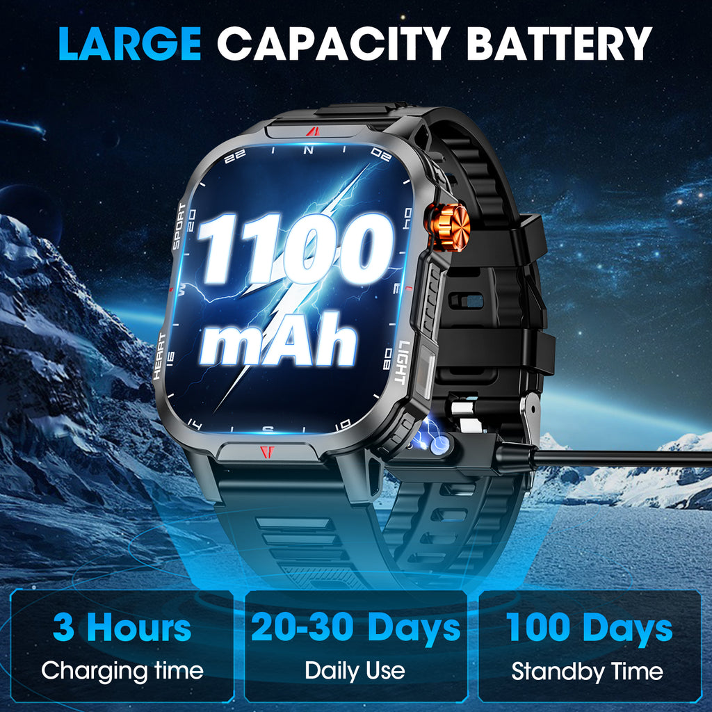 Smart Watch for Men, 2.01-inch 1100mA Military Smart Watch, Fitness Tracker, Smartwatch fits for Android and Iphone Devices, with IP68 Waterproof Answer/Make Calls/100+ Sport Modes (Black)
