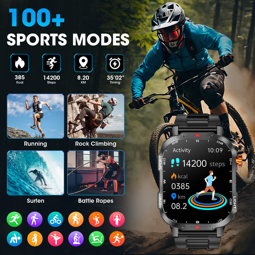 Smart Watch for Men, 2.01-inch 1100mA Military Smart Watch, Fitness Tracker, Smartwatch fits for Android and Iphone Devices, with IP68 Waterproof Answer/Make Calls/100+ Sport Modes (Black)