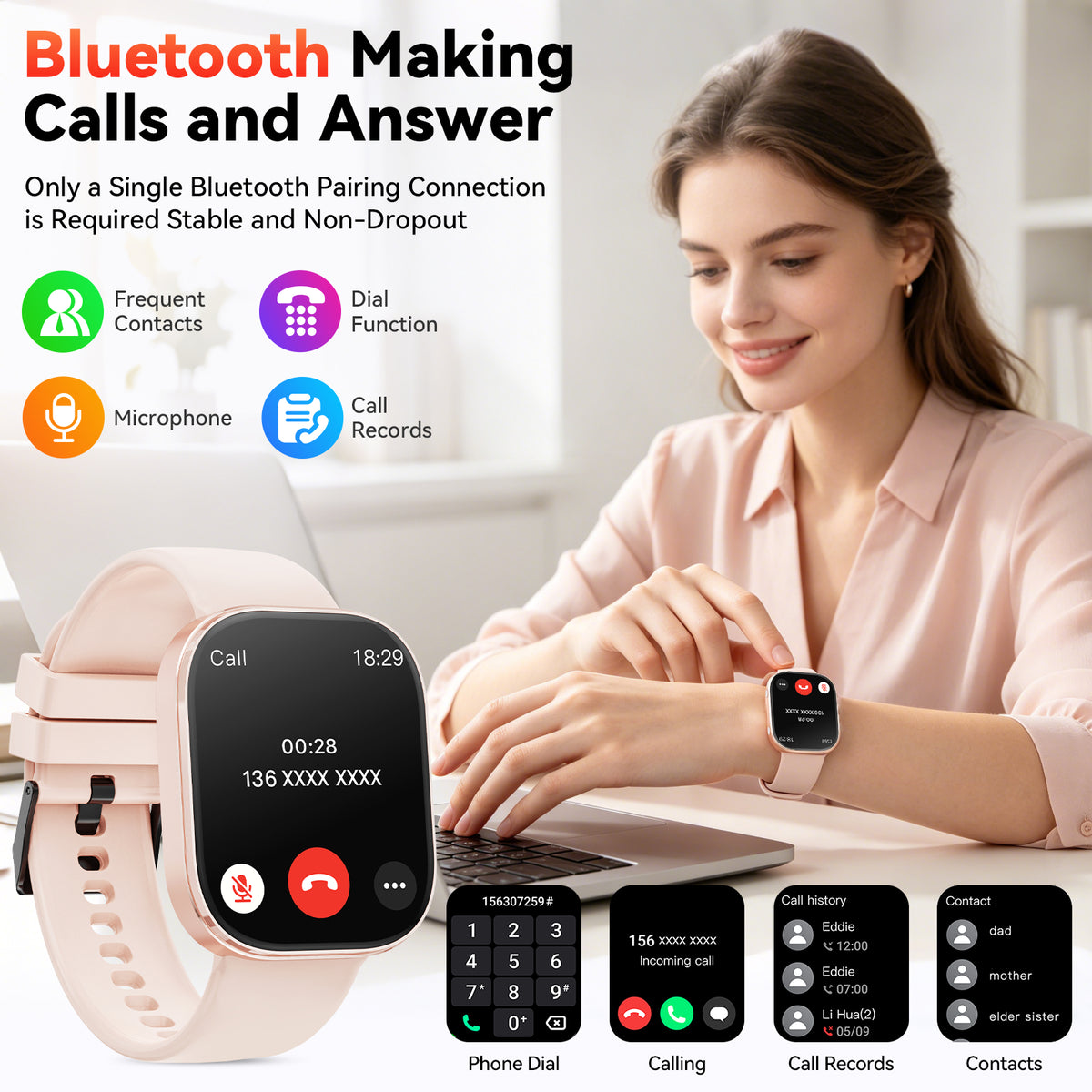 Haulvean Smart Watch fits for Android and iPhone Devices, Smartwatch for Women Men 1.88" HD Fitness Tracker with 100+ Sports Mode, Bluetooth Call, IP68 Waterproof for Gift Pink