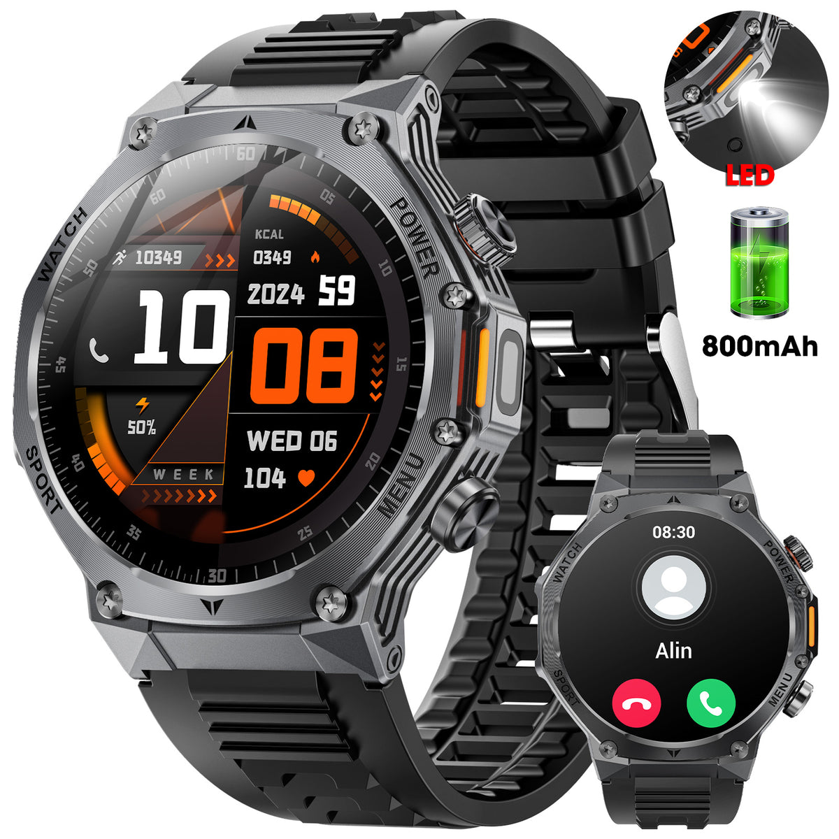 mingwear 1.8-inch Military Men's Smartwatch fits for Android IPhone Devices with Fitness Tracker, Answer/Call/100 Multi-Sport Mode, IP67 Waterproof Sports Step Tracker (Black)