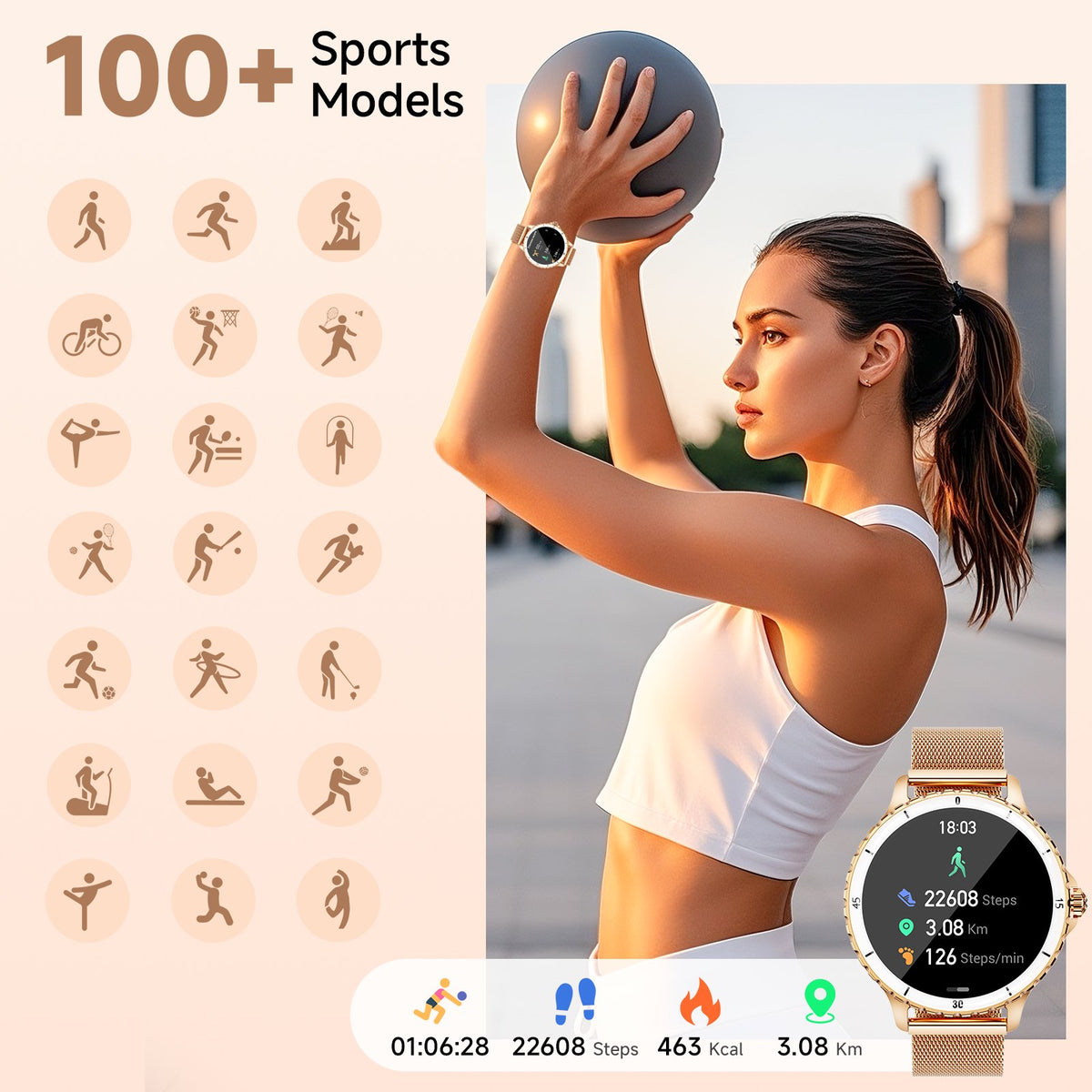 Joautrial Smart Watch, 1.27” Smartwatch with Bluetooth Call/Answer/Message Reminder, 100 Sport Modes, Fitness Tracker Watch Fits for Android & Iphone, Perfect Gift, Gold