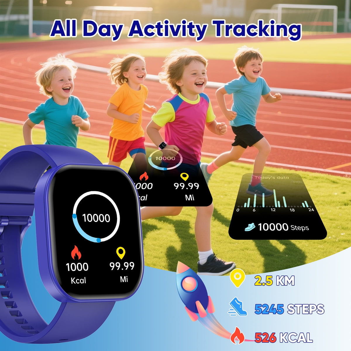 Joautrial Smart Watch for Kids No APP No Phone Needed, 1.83" Fitness Tracker Watch Pedometer, IP68 Waterproof, Step Counter, Puzzle Games for Girls Boys Teens 5-12, Blue