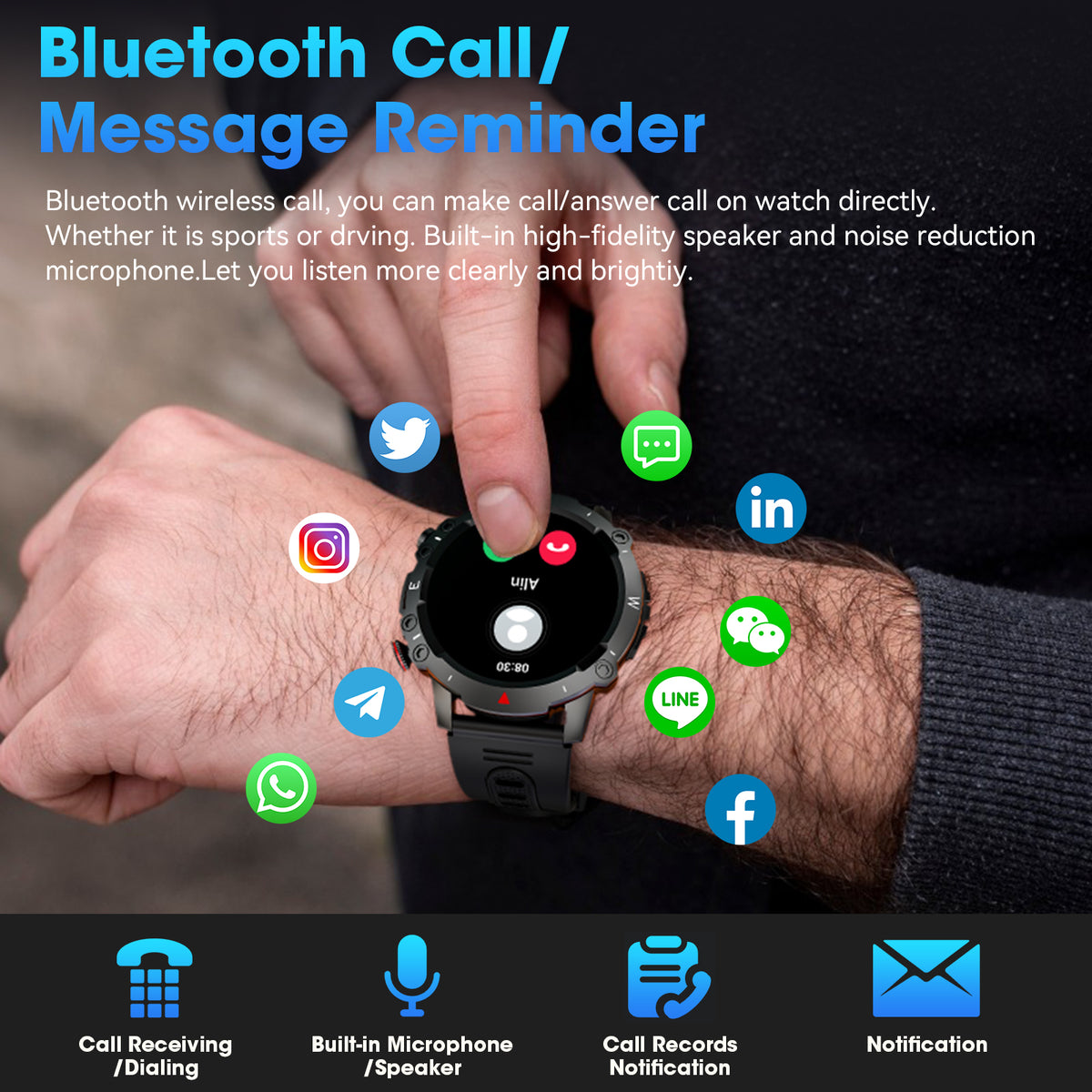Haulvean Militay Smart Watch, 1.46" HD Smart Watch for Men Zinc Alloy Case, with IP68 Waterproof/100 Sports Modes/Bluetooth Calls, Fitness Tracker for fits for Android iPhone Devices (Black)