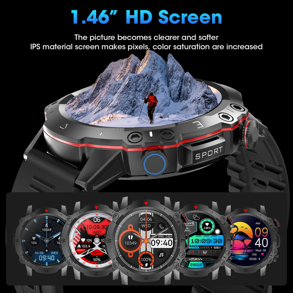 Haulvean Militay Smart Watch, 1.46" HD Smart Watch for Men Zinc Alloy Case, with IP68 Waterproof/100 Sports Modes/Bluetooth Calls, Fitness Tracker for fits for Android iPhone Devices (Black)