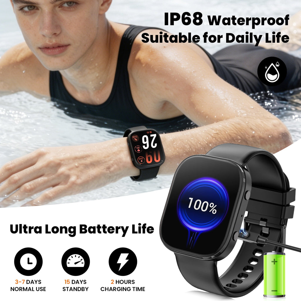 Haulvean Smart Watch fits for Android and iPhone Devices, Smartwatch for Women Men 1.88" HD Fitness Tracker with 100+ Sports Mode, Bluetooth Call, IP68 Waterproof for Gift Black