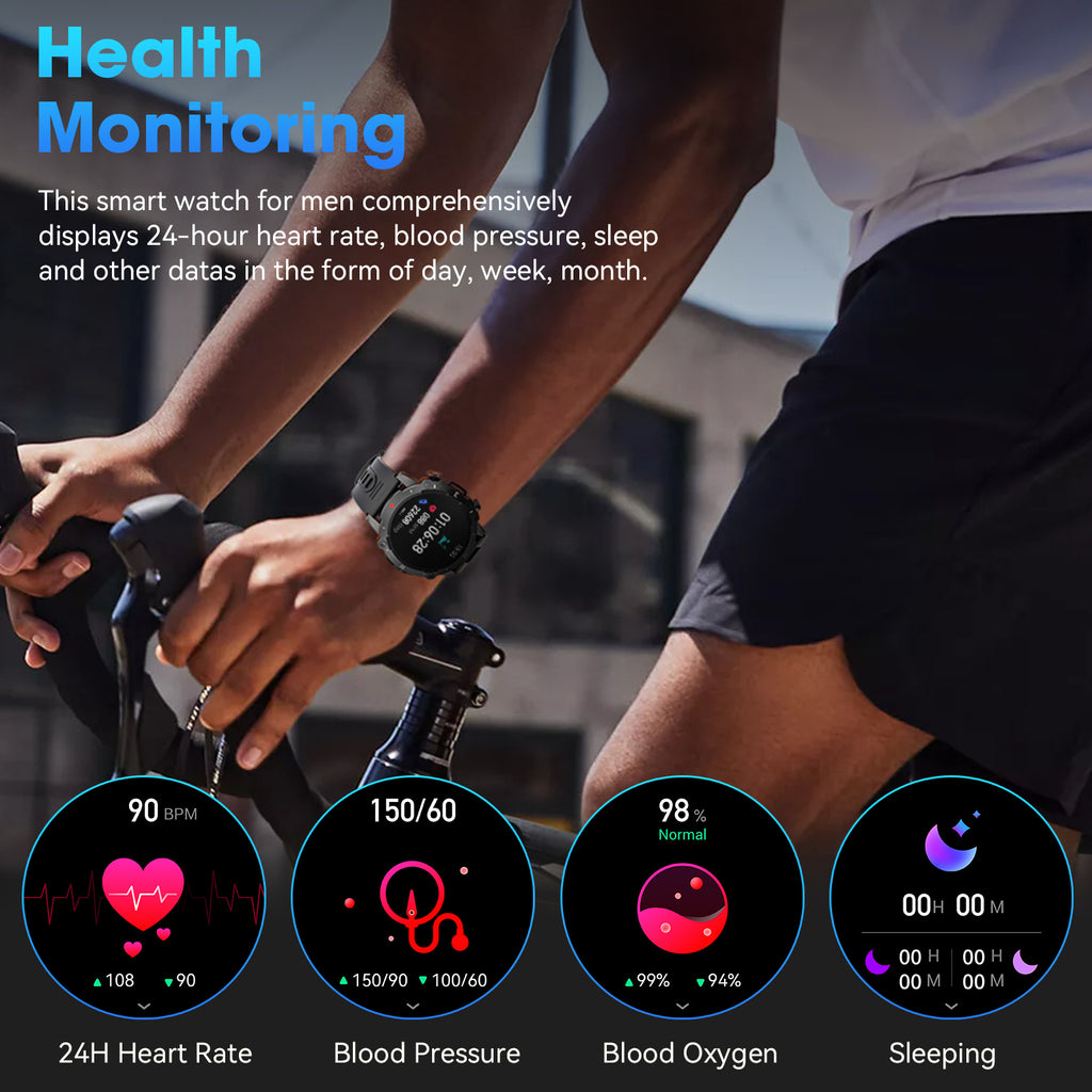 Haulvean Militay Smart Watch, 1.46" HD Smart Watch for Men Zinc Alloy Case, with IP68 Waterproof/100 Sports Modes/Bluetooth Calls, Fitness Tracker for fits for Android iPhone Devices (Black)