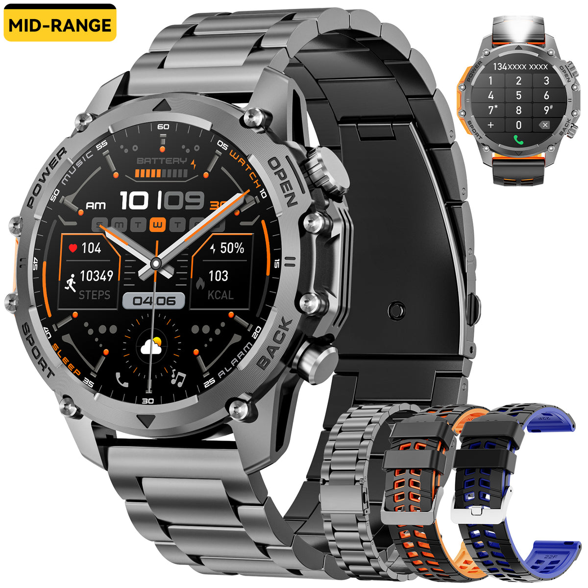 Haulvean Mid-Range Smart Watch 1.52" HD Smartwatch fits for Android and iPhone Devices, with 3 Interchangeable Bands/High-Efficiency Battery/120+ Sports Modes, IP68 Waterproof Fitness Tracker Watch (Black)