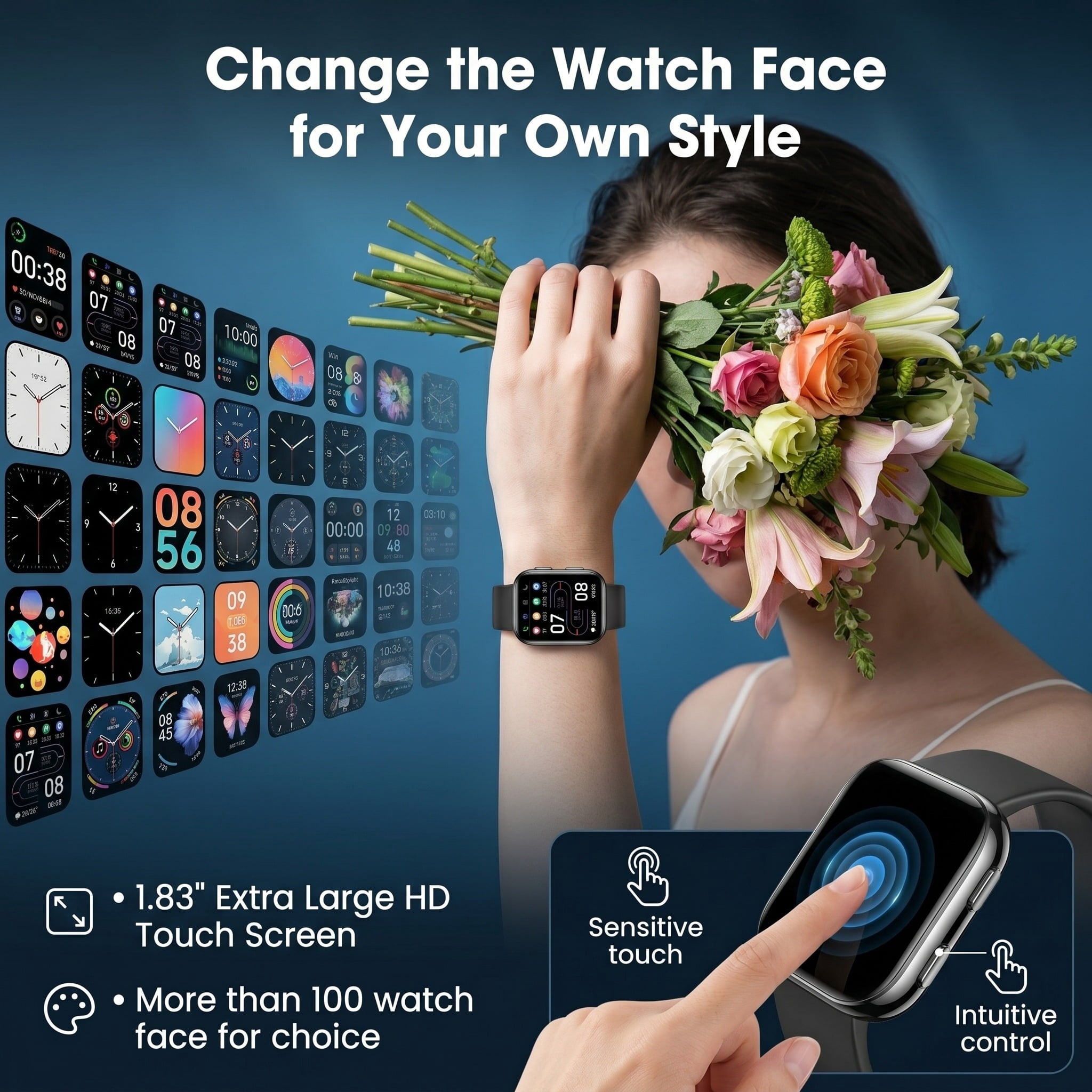 Smart Watch for Men Women, 1.83-inch IP68 Waterproof Smartwatch with Bluetooth Call (Answer/Make Calls), 100+ Sports Modes Fitness Tracker, Compatible with Android and iPhone, Gift Black