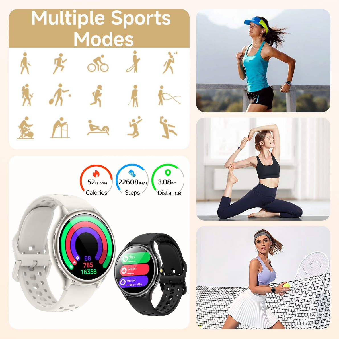 Smart Watch for Women, 1.32-inch Round TFT Display, Bluetooth Calling, IP68 Waterproof Fitness Smartwatch, 120+ Sports Modes, Compatible with Android & iPhone (White)