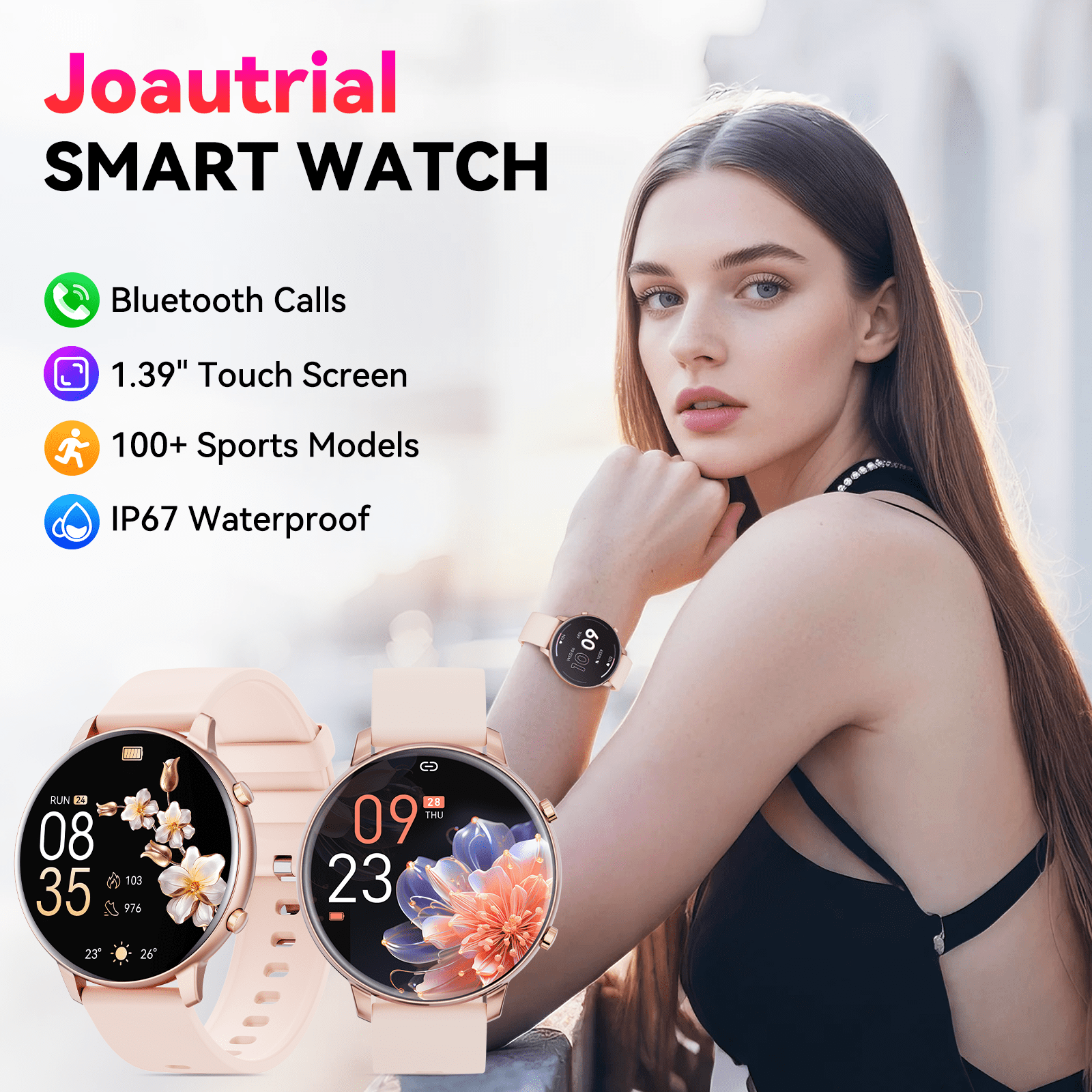 Joautrial Smart Watch for Women, 1.39" Fitness Tracker with Bluetooth Calls(Answer&Make&Message Reminder), Smart Watch Fits for Android and iPhone, IP67 Waterproof, 100+ Sport Modes Smartwatch, for Gift, Pink