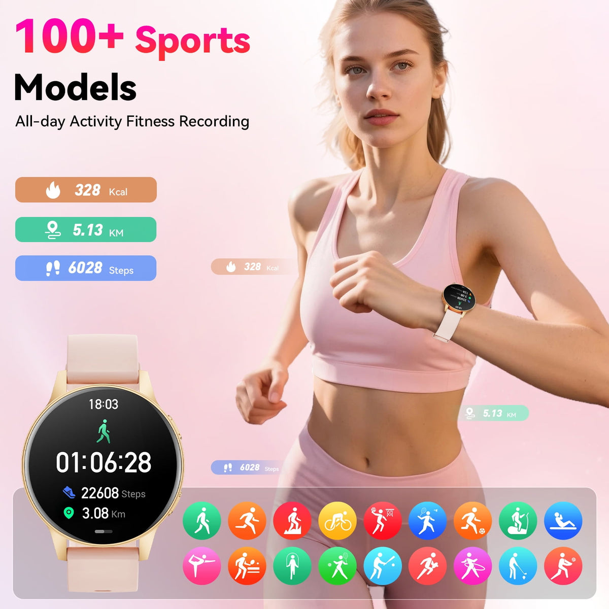 2026 New Smart Watch fits for Android and Iphone, 1.27" Smartwatch, Answer/Make Calls/100 Sports Modes/Message Reminder,IP68 Waterproof Fitness Tracker for Women, Gold