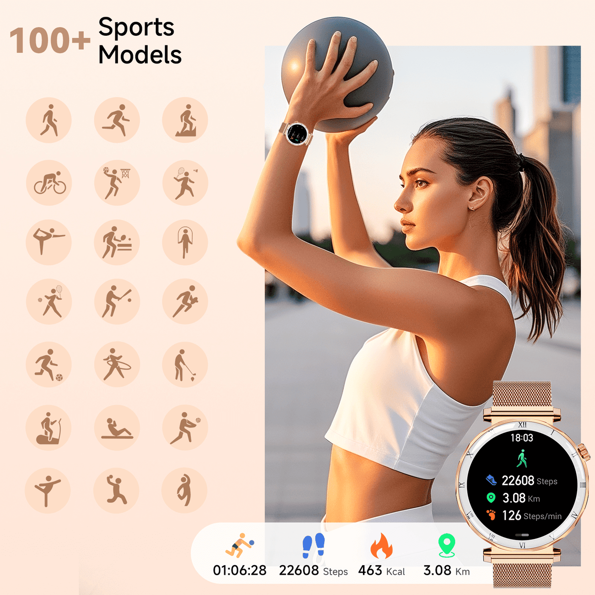 Joautrial Smart Watch for Women, 1.19" AMOLED HD Screen, Bluetooth Call & Message Reminder, Fitness Watch with 110+ Sport Modes, Smartwatch Compatible with iPhone & Android, Gold