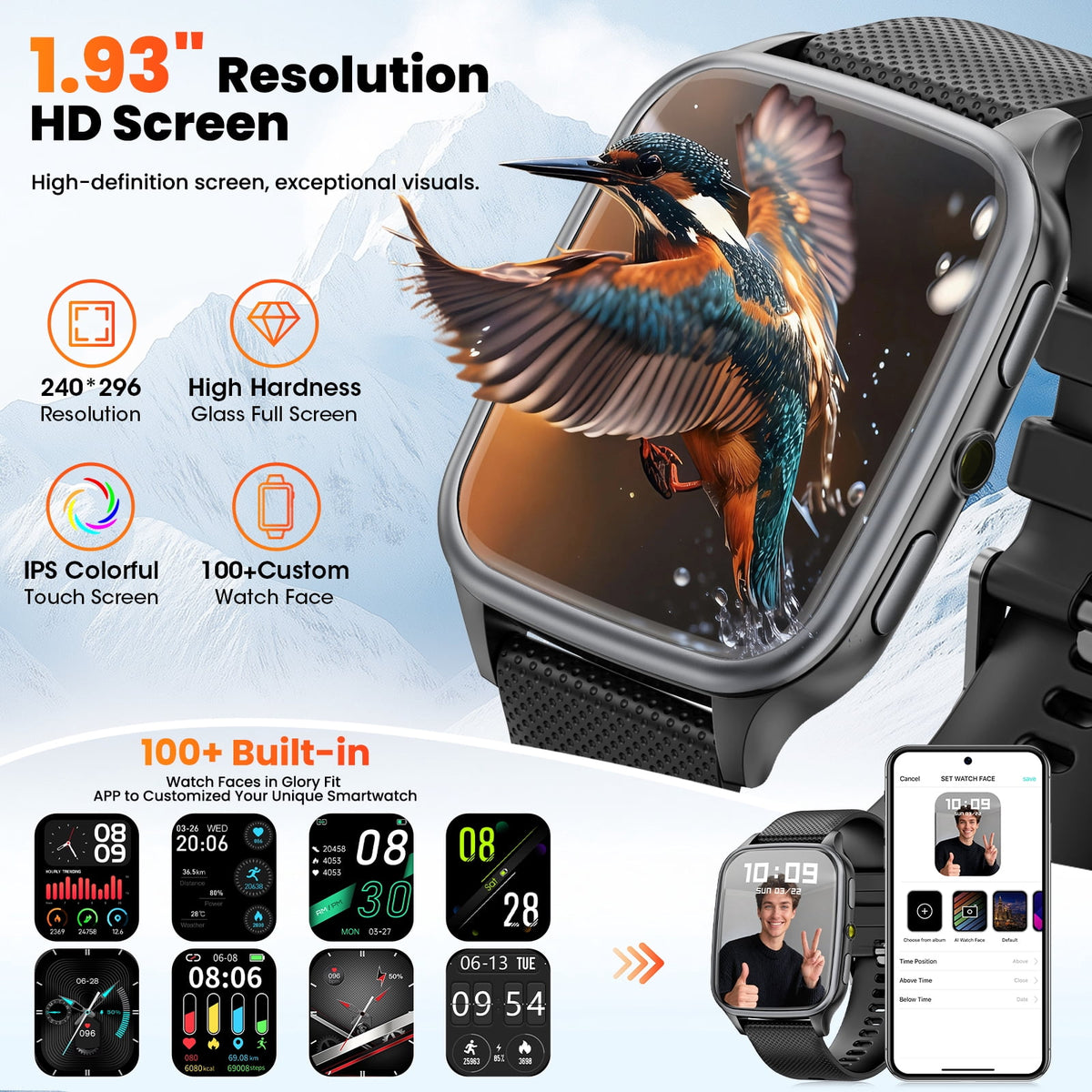 Smart Watch for Women Men, 1.93-inch TFT HD Screen Fitness Tracker, Fits for Android & iPhone, Make & Receive Calls, 120 Sports Modes, IP68 Waterproof Pedometer Smartwatch Gift (Black)