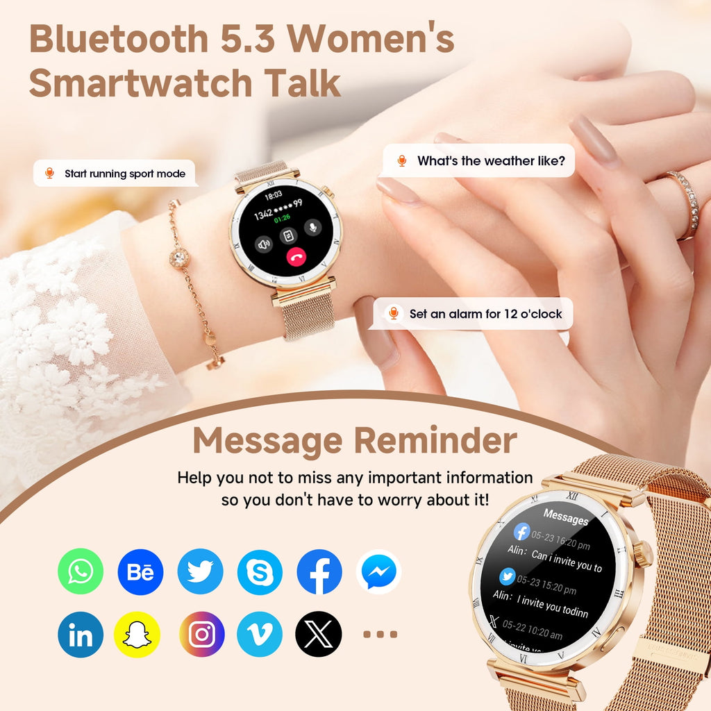 Joautrial Smart Watch for Women, 1.19" AMOLED HD Screen, Bluetooth Call & Message Reminder, Fitness Watch with 110+ Sport Modes, Smartwatch Compatible with iPhone & Android, Gold