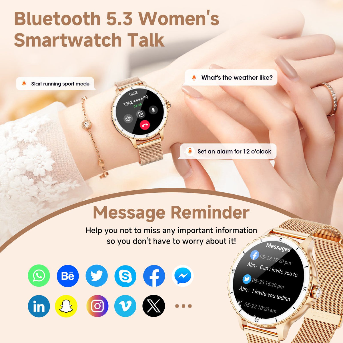 Joautrial Smart Watch, 1.27” Smartwatch with Bluetooth Call/Answer/Message Reminder, 100 Sport Modes, Fitness Tracker Watch Fits for Android & Iphone, Perfect Gift, Gold