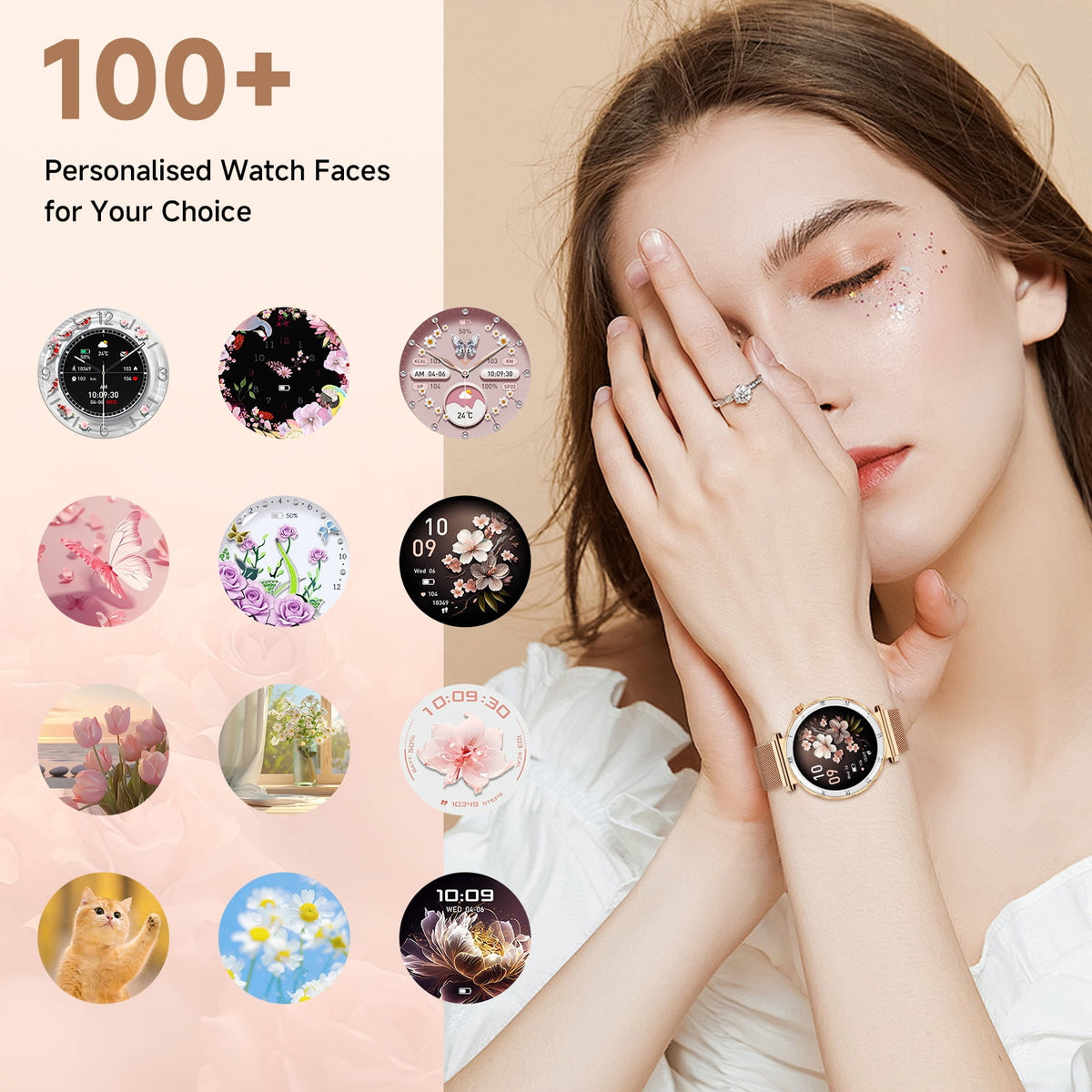 Joautrial Smart Watch for Women, 1.19" AMOLED HD Screen, Bluetooth Call & Message Reminder, Fitness Watch with 110+ Sport Modes, Smartwatch Compatible with iPhone & Android, Gold